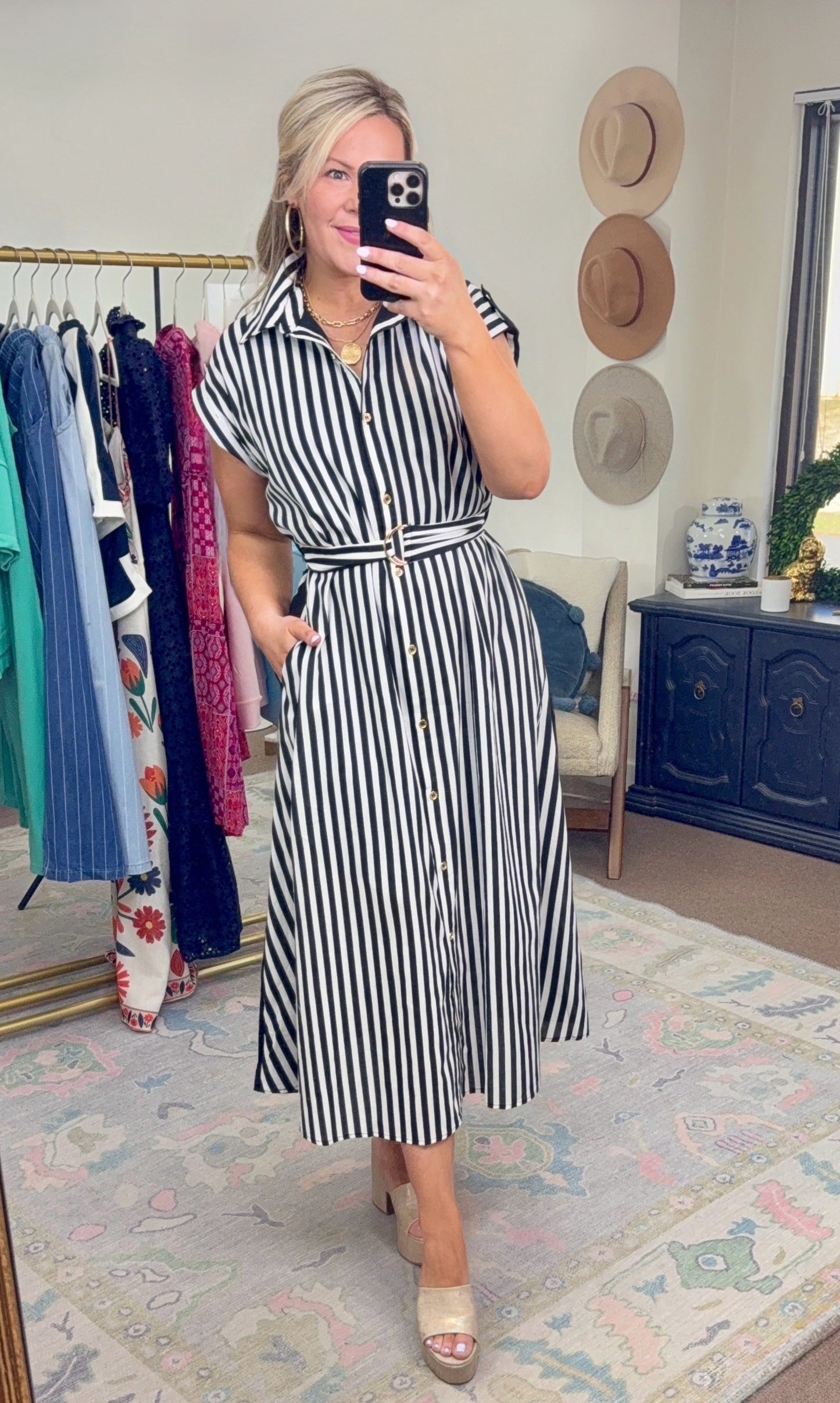 Nice Girl Belted Stripe Midi Dress