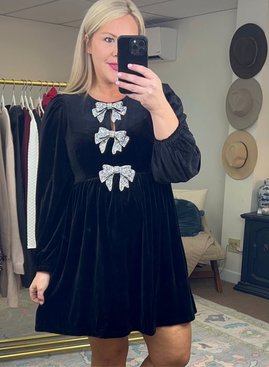 There You Glow Bow-Embellished Velvet Dress