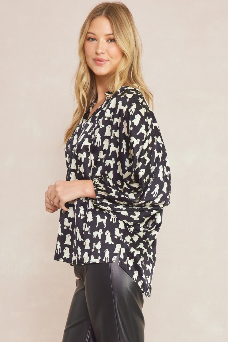 Dog Print Ruffle Blouse