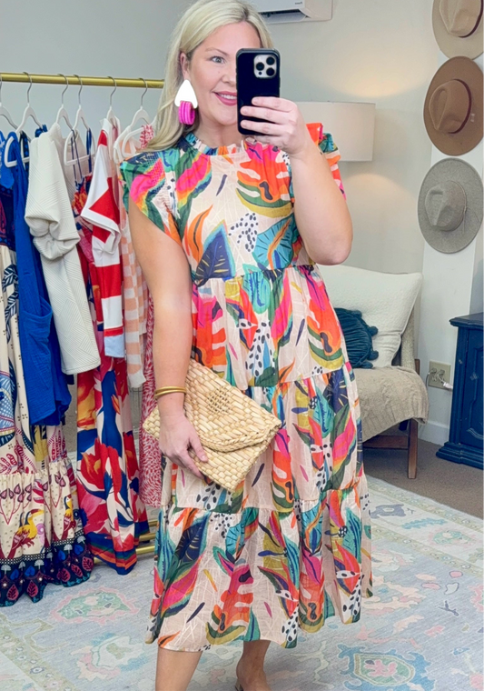 Party Under the Palms Print Tiered Midi Dress