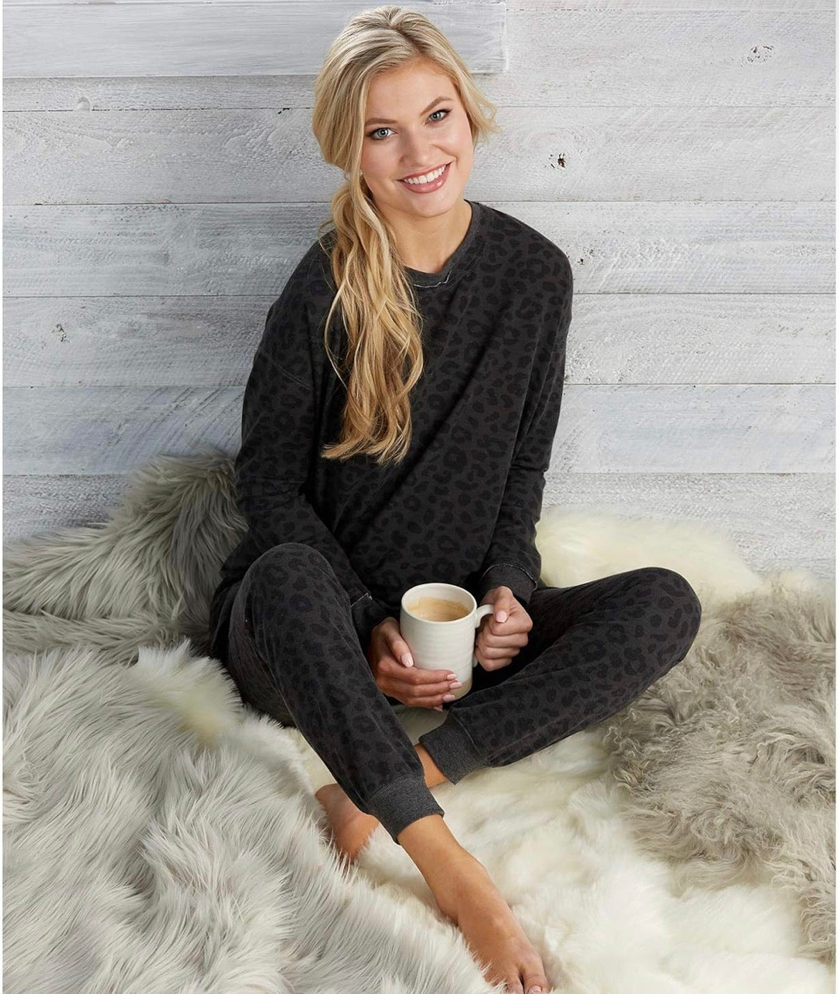 Fanning Split Side Pullover Top in Black Leopard