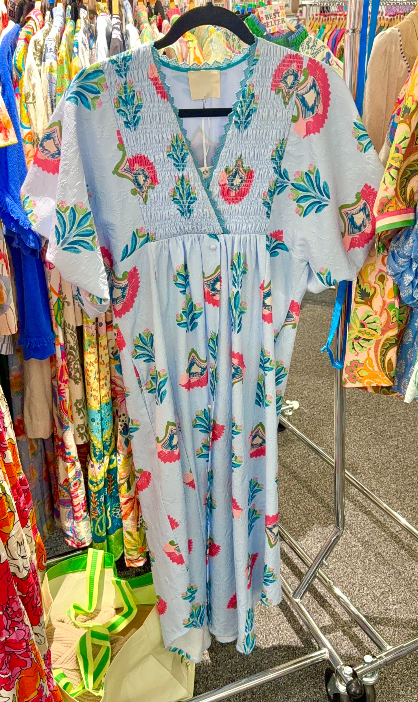 Jardin Bleu Puff Sleeve Midi Dress