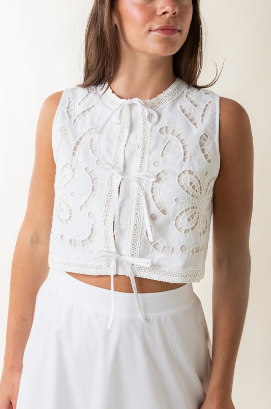 MOON RIVER: Embroidered Eyelet Tie Top