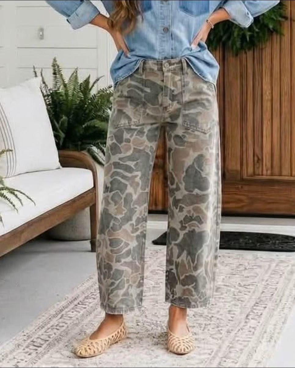 In Plain Sight Camo Crop Barrel Jeans
