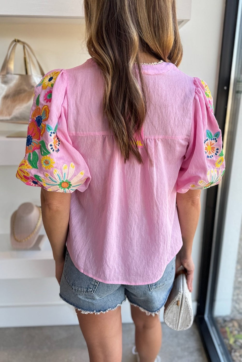 Pink Embroidered Puff Sleeve Blouse