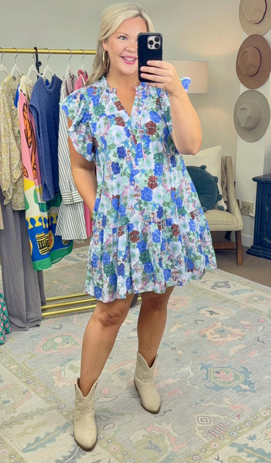 Watercolor Floral Flutter Sleeve Dress