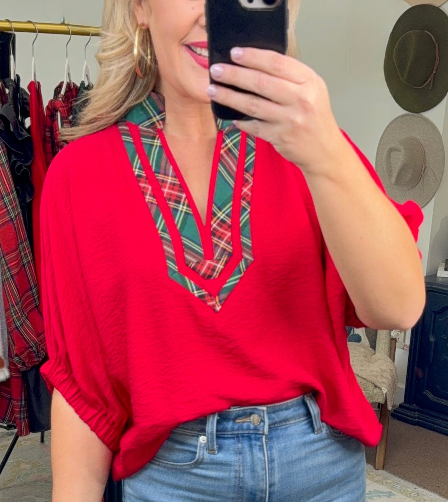 Timeless Tidings Red Tartan Trim Blouse