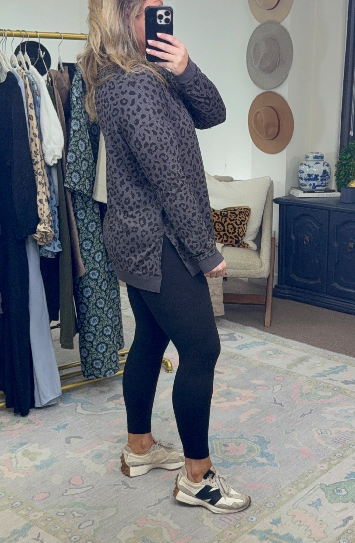 Fanning Split Side Pullover Top in Black Leopard