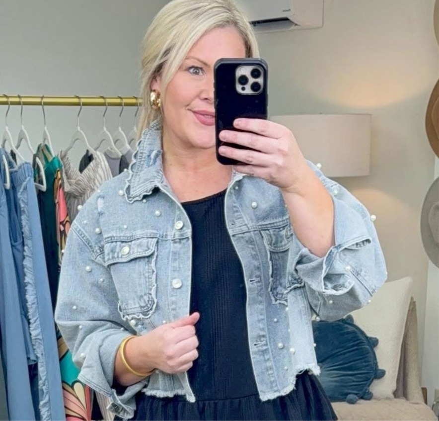 Sweet Gal Scallop Pearl Embellished Denim Jacket
