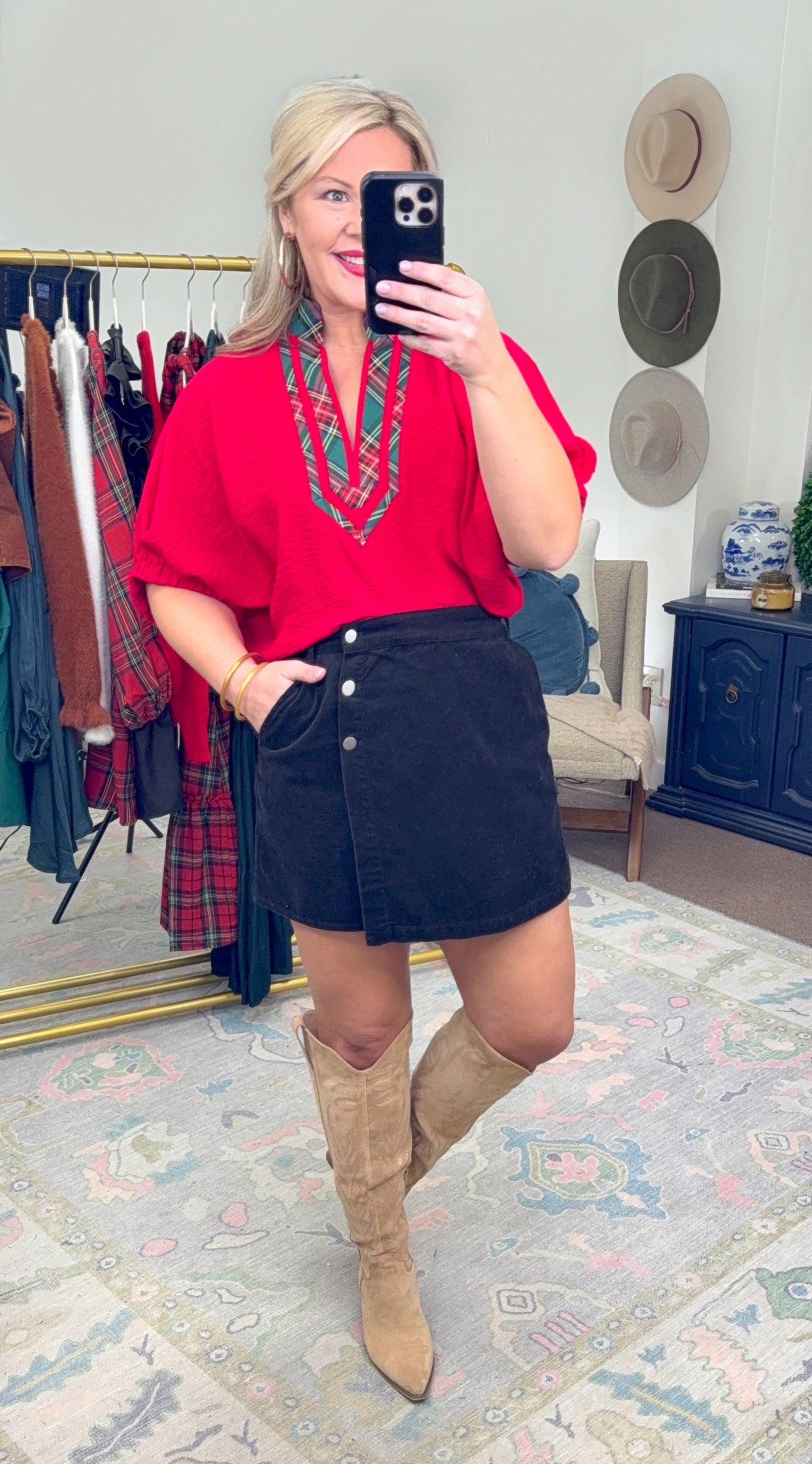 Timeless Tidings Red Tartan Trim Blouse