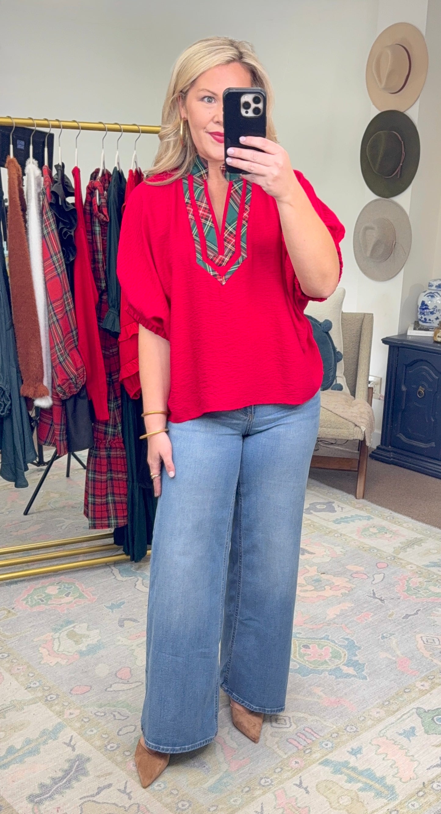 Timeless Tidings Red Tartan Trim Blouse