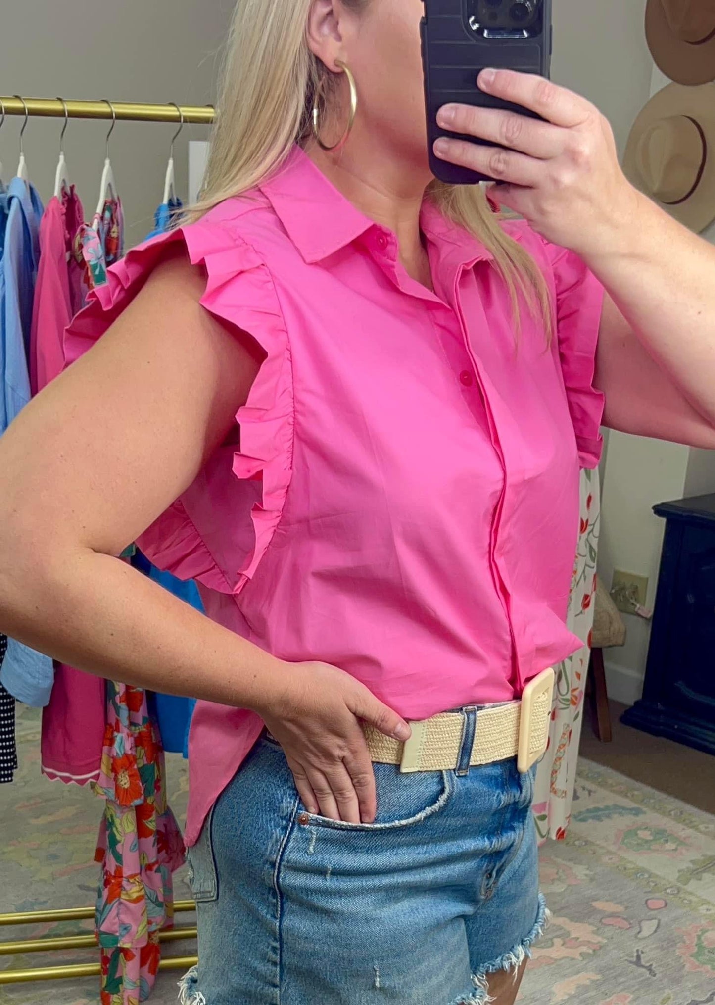 Yours Truly Pink Poplin Ruffle Blouse