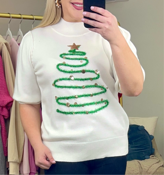 Around The Tree Tinsel Puff Sleeve Sweater