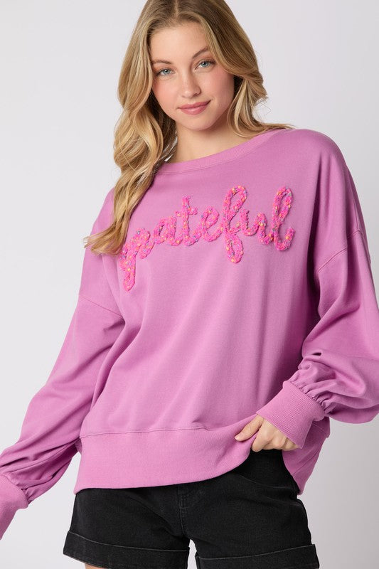 Oh So Grateful Puff Script Pullover