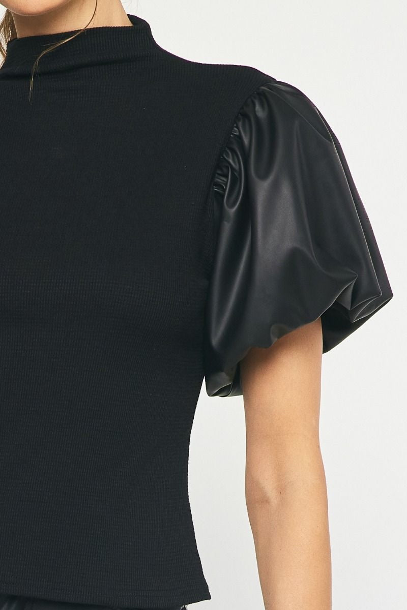 Faux Leather Puff Sleeve Top