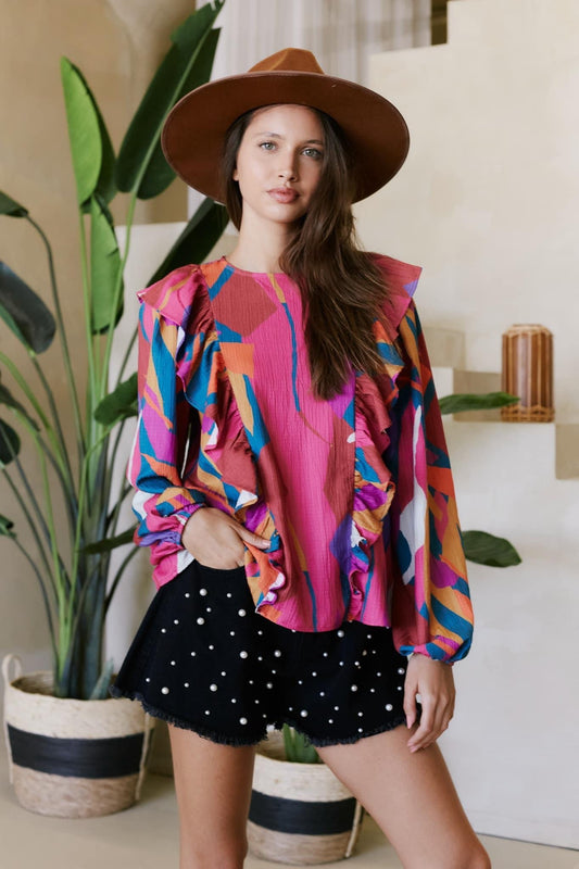 Abstract Ruffle Blouse