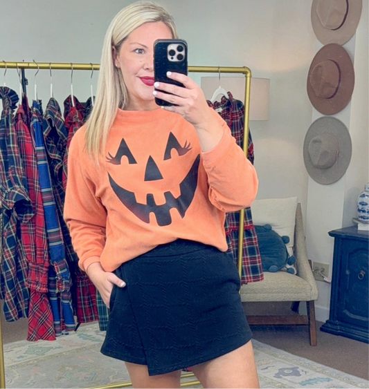 Orange Ribbed Jack-O-Lantern Pullover