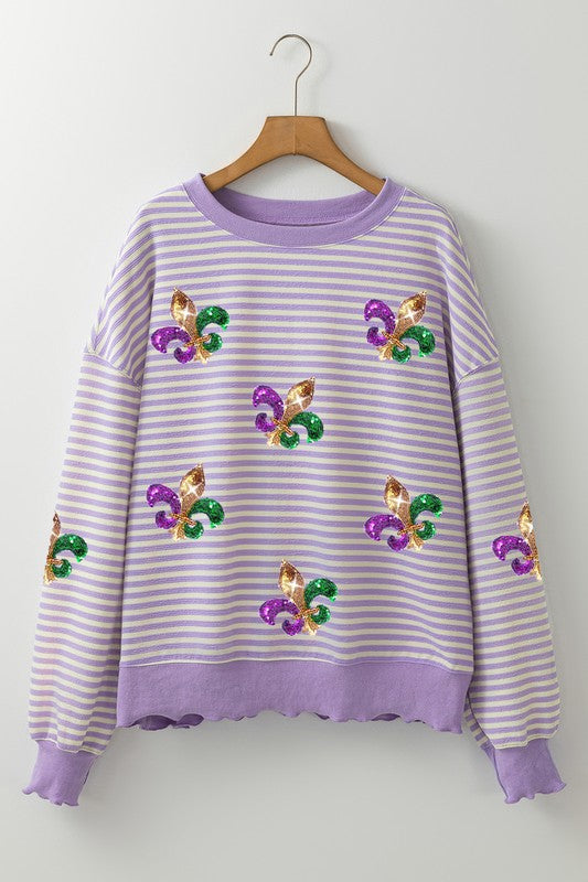 Mardi Party Sequin Fleur De Lis Pullover Top