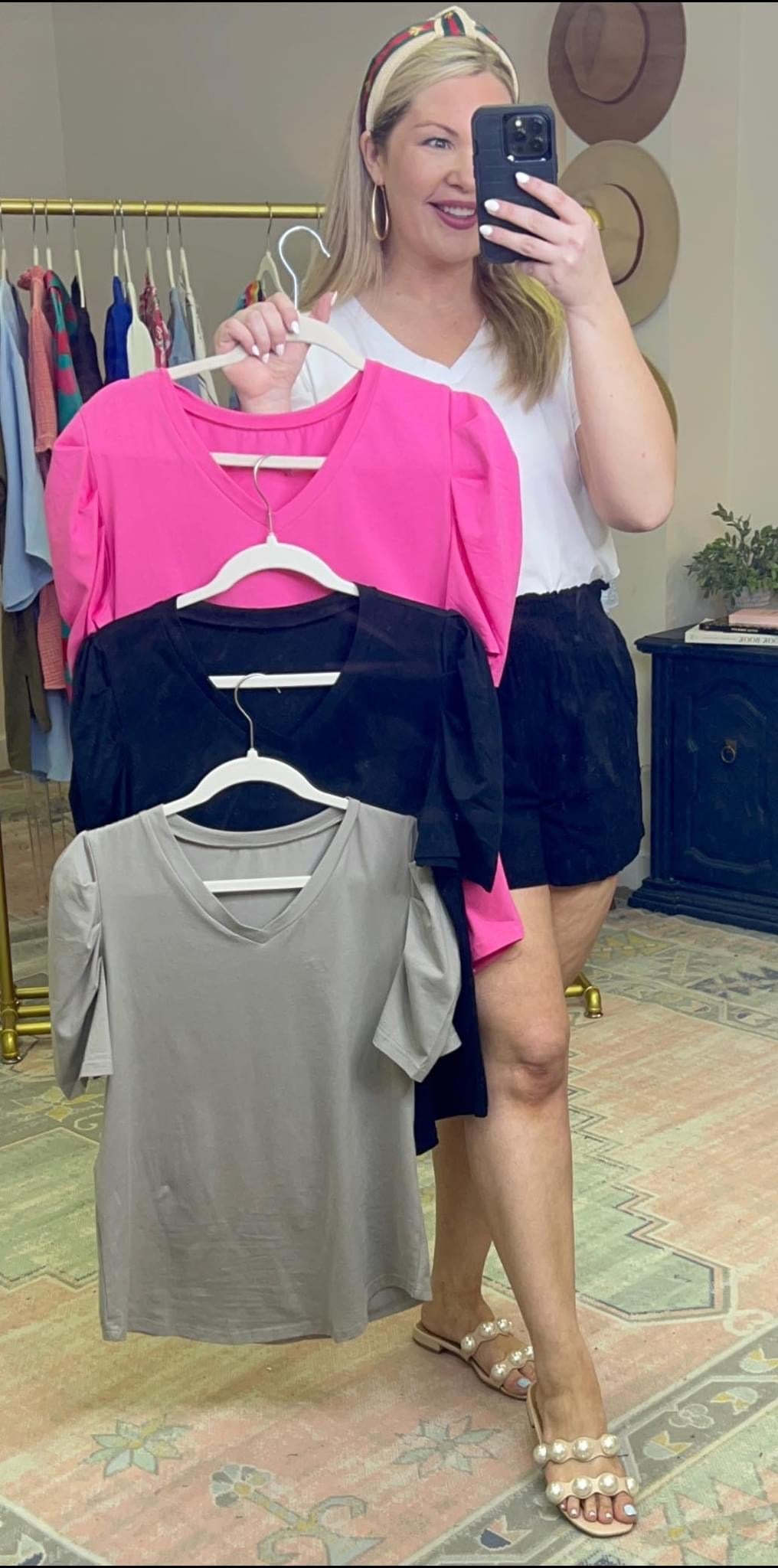 MORE COLORS Puff Sleeve V-Neck Top