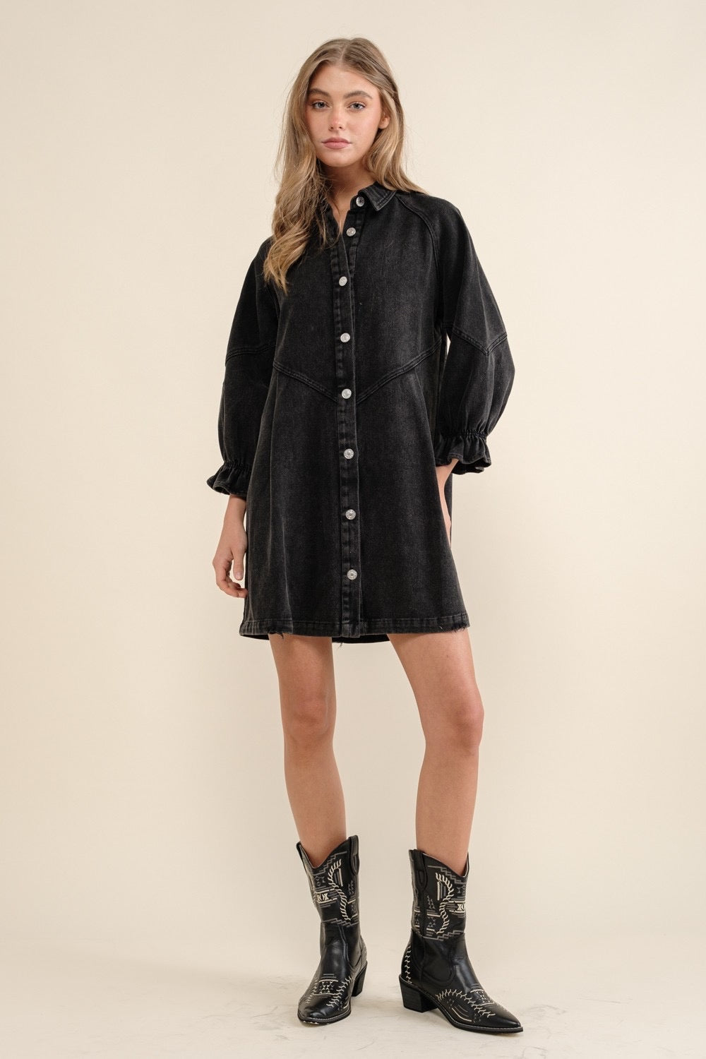 Ruffle Sleeve Denim Shirt Dress