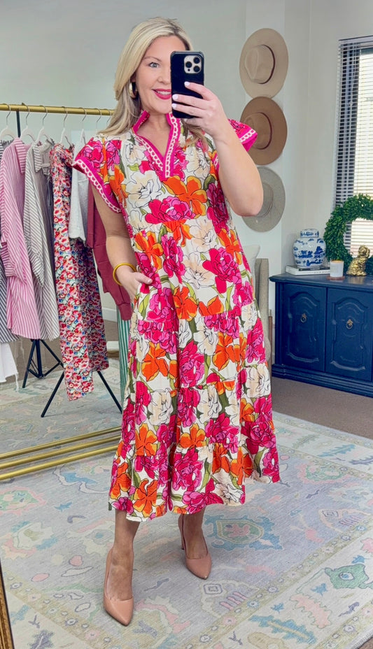 UMGEE: Peony Promenade Floral Print Tiered Midi Dress