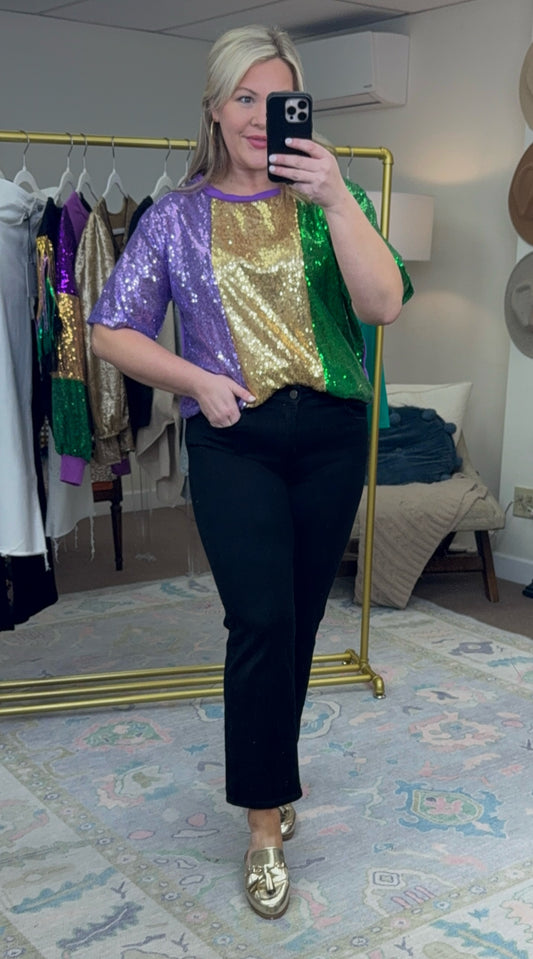Mardi Gras Sequin Colorblock Slouchy Top