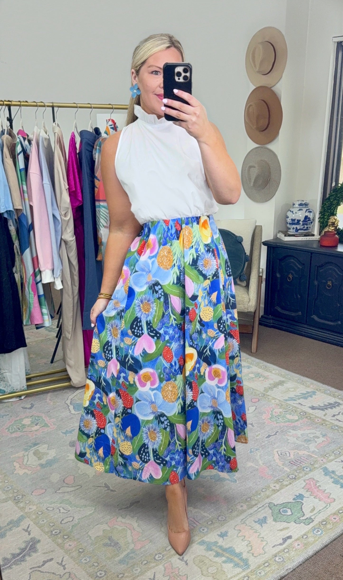 Garden Whimsy Watercolor Midi Skirt