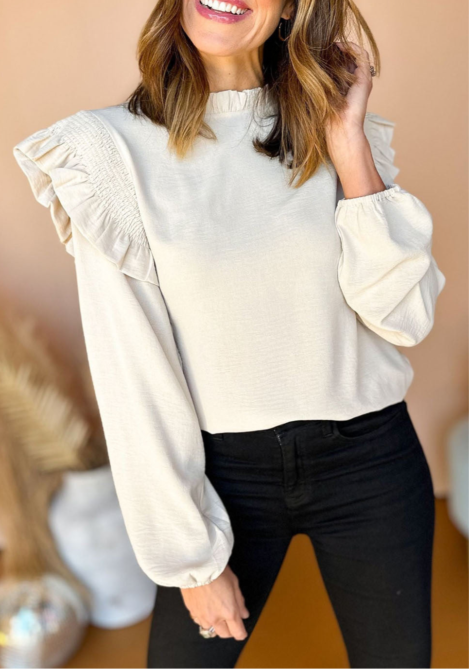 **MORE COLORS** Frill Neck Balloon Sleeve Blouse