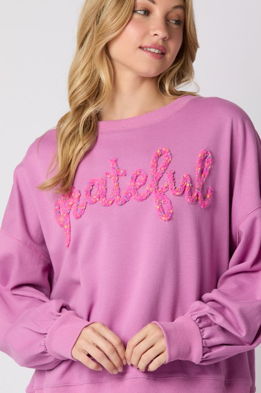 Oh So Grateful Puff Script Pullover