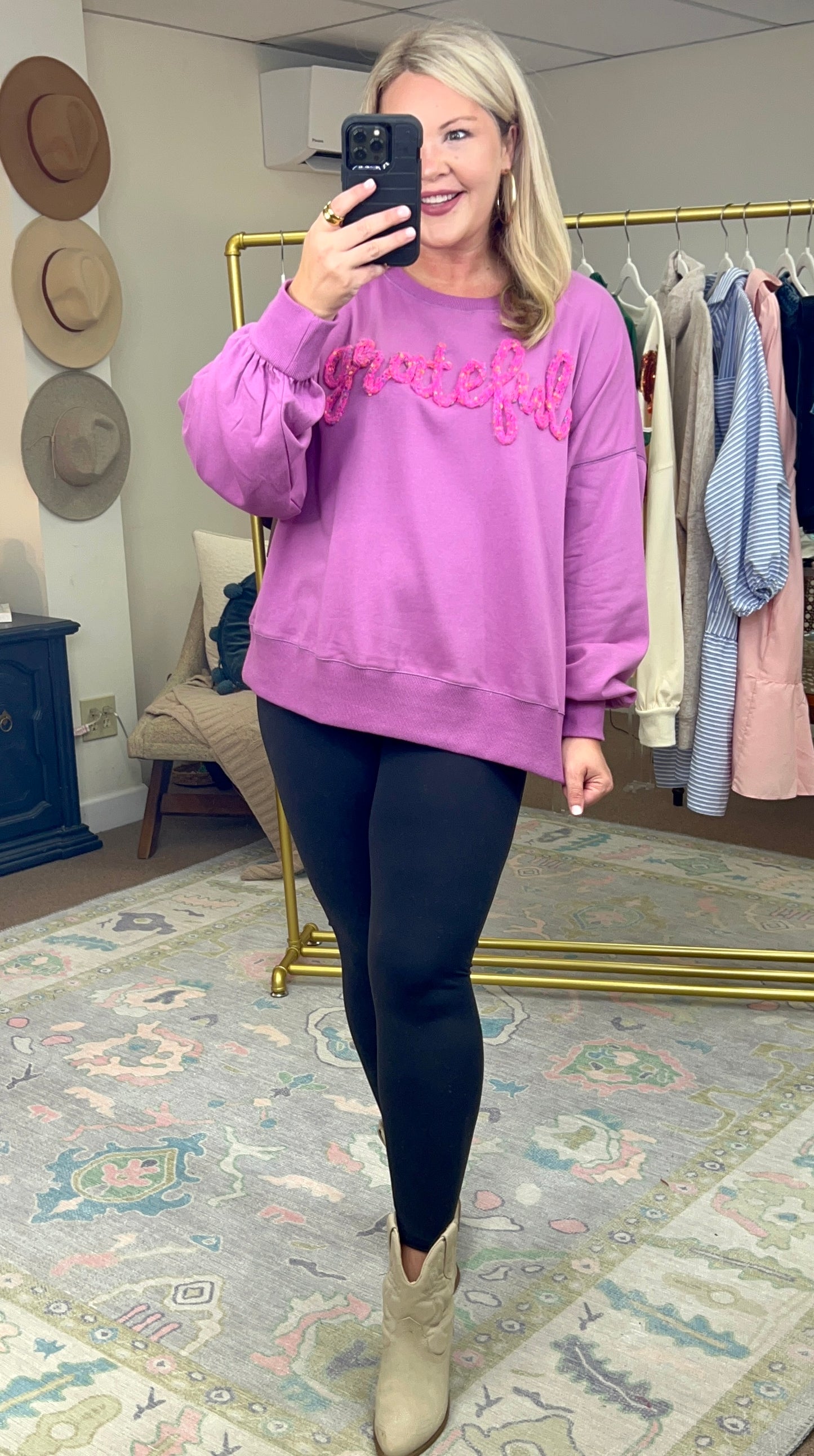 Oh So Grateful Puff Script Pullover