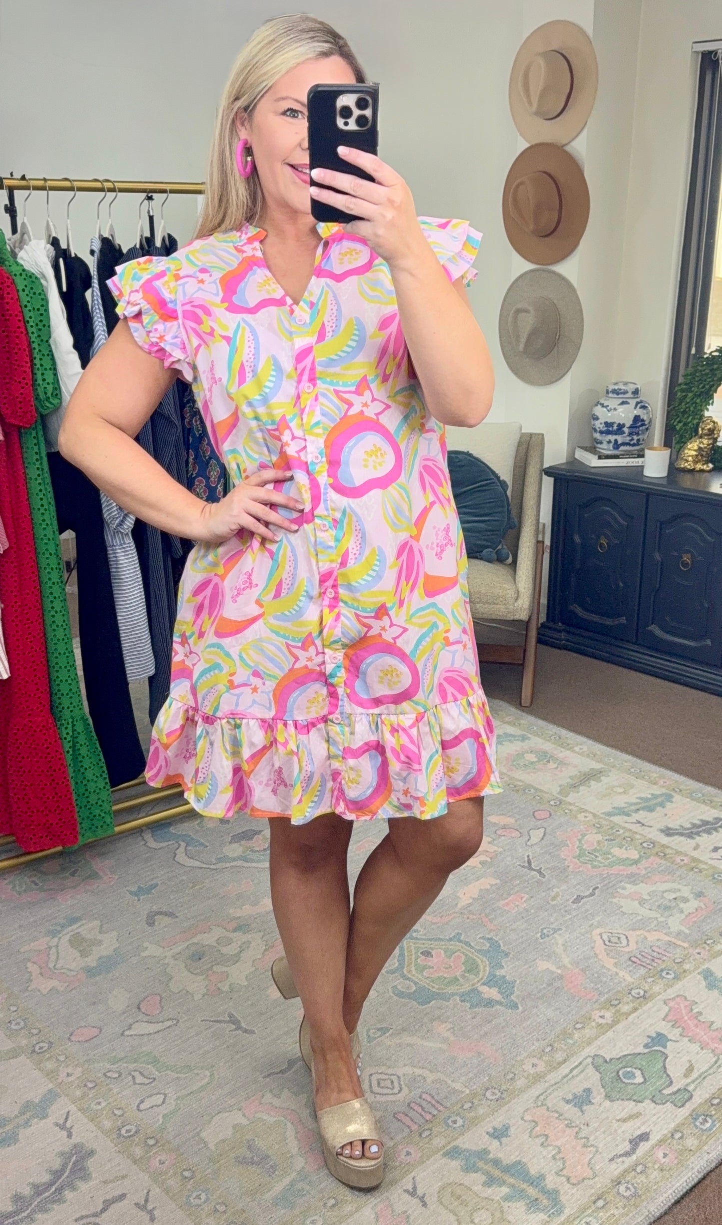 Summer Frills Print Button Down Dress