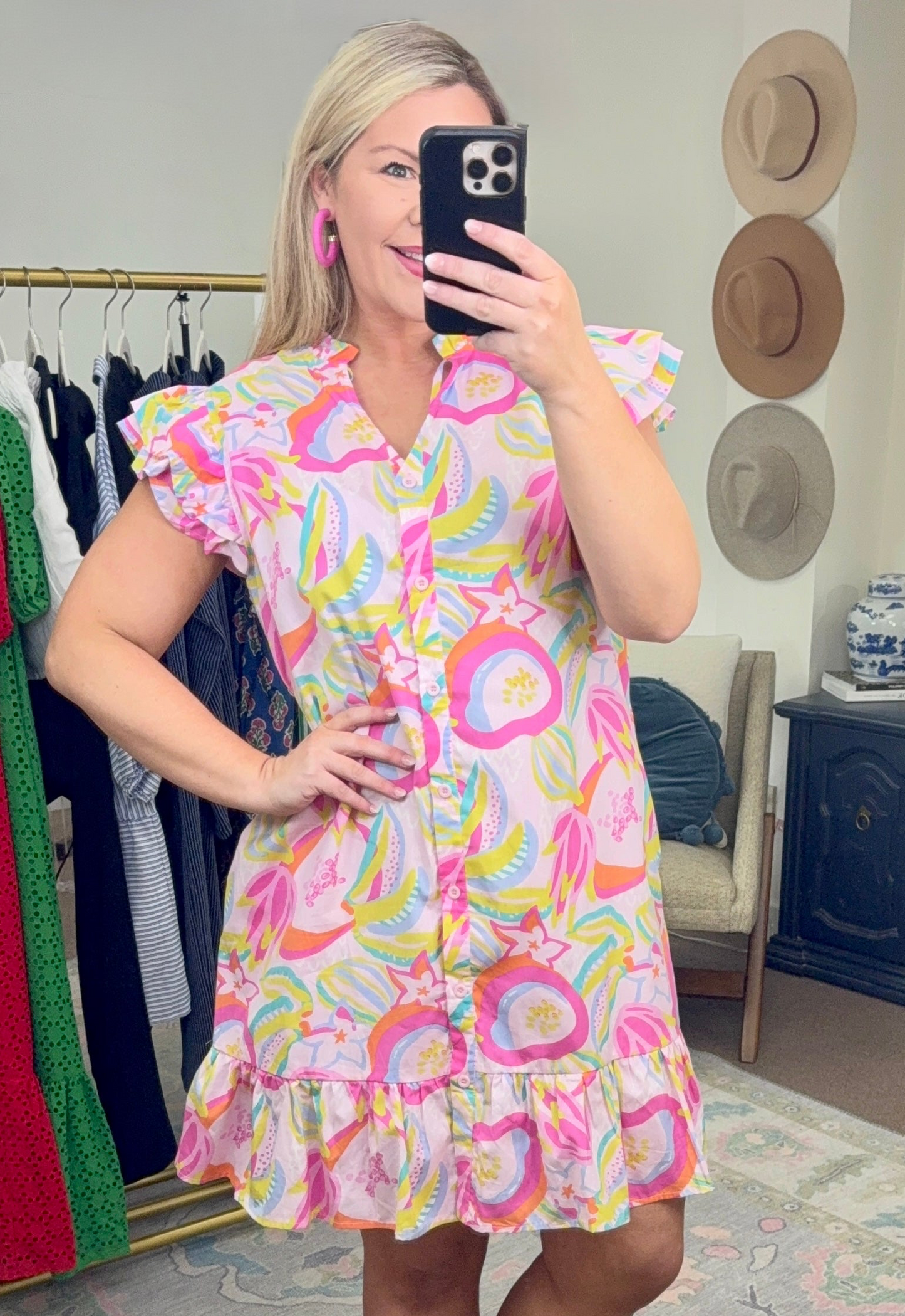 Summer Frills Print Button Down Dress