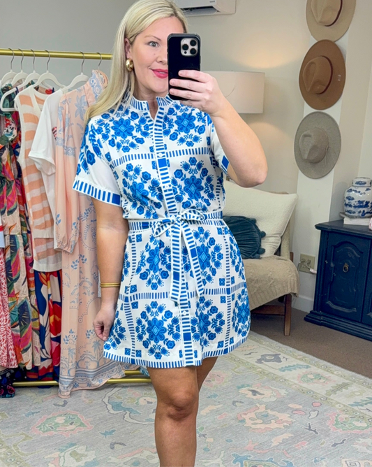 Moroccan Moments Blue Print Sash Dress