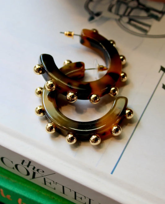 Uptown Energy Studded Tortoise Resin Hoop Earrings