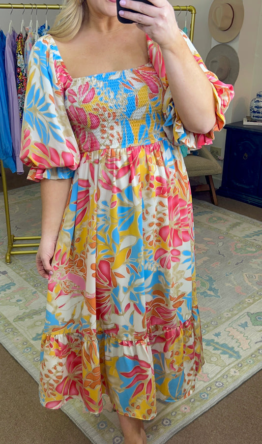 Somewhere Tropical Print Puff Sleeve Midi Dress