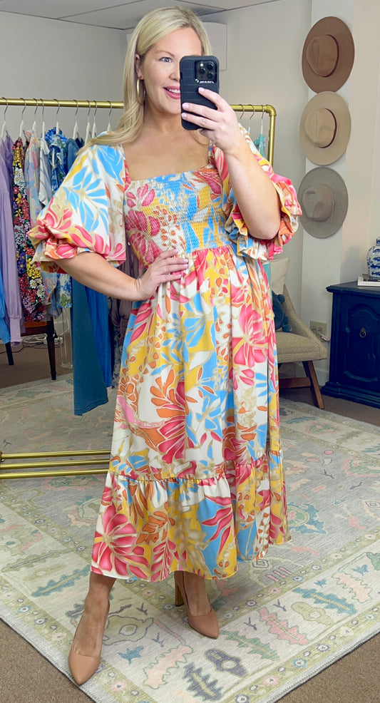 Somewhere Tropical Print Puff Sleeve Midi Dress