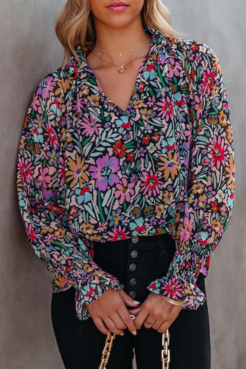 Black Multi Print Ruffle Blouse