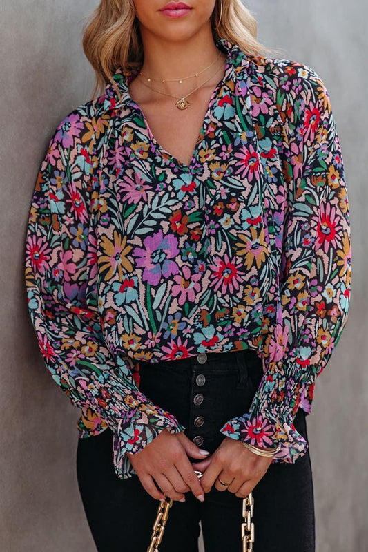 Black Multi Print Ruffle Blouse