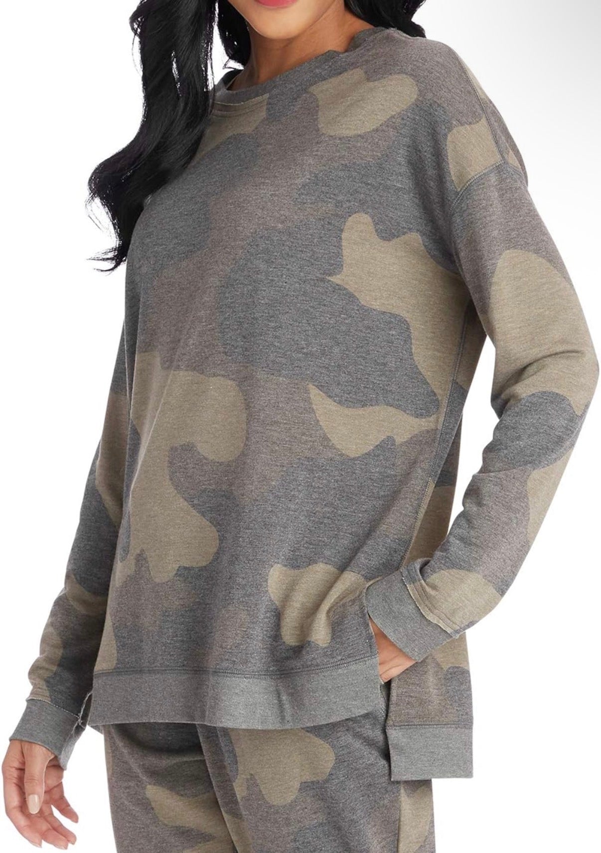 Fanning Split Side Pullover Top in Green Camo
