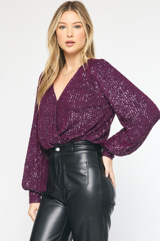**MORE COLORS** ENTRO: Sequin Surplice Bodysuit