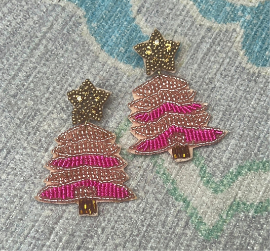 Pink Christmas Tree Beaded Earrings