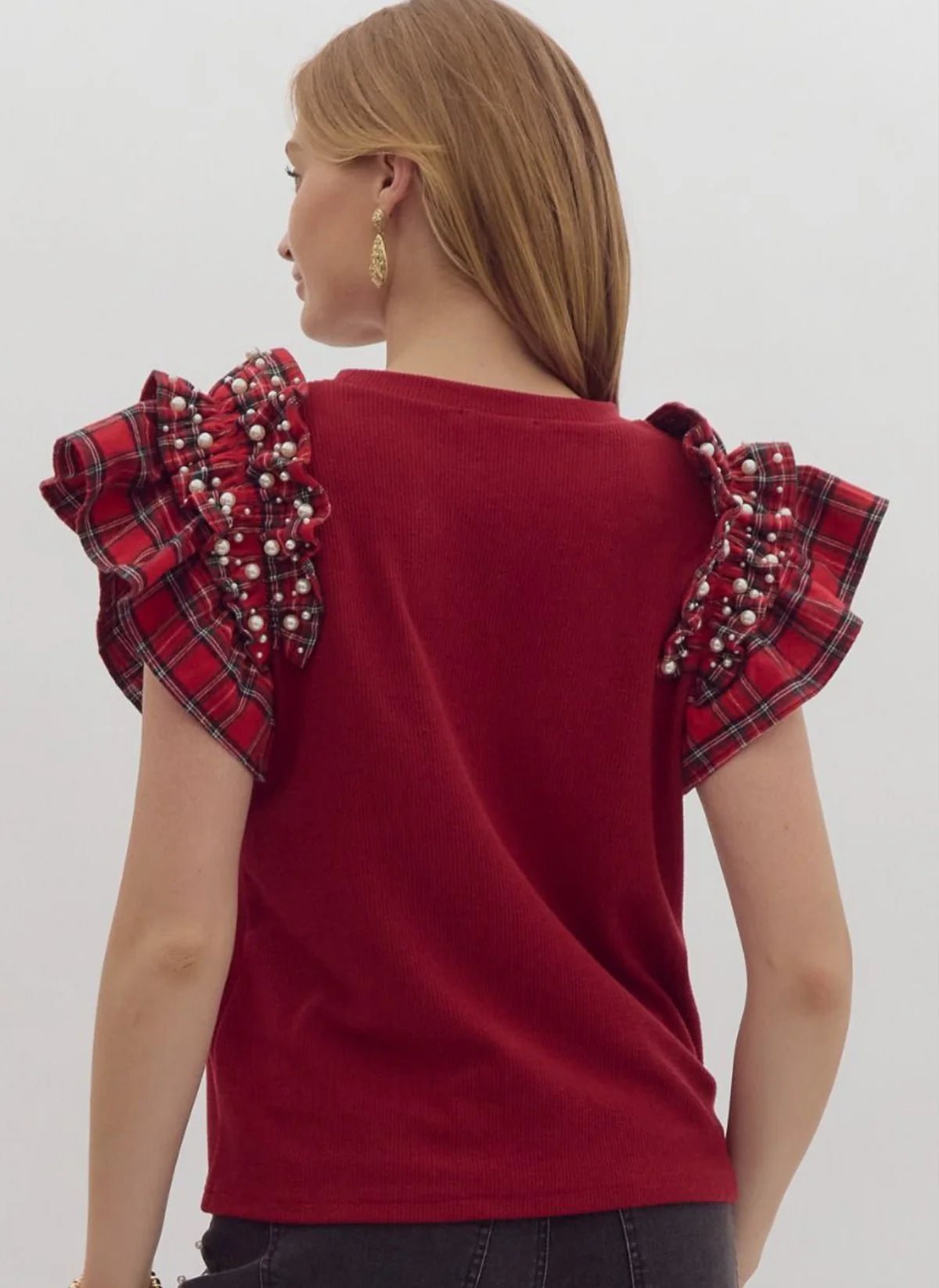 Make It Merry Tartan Pearl Ruffle Top