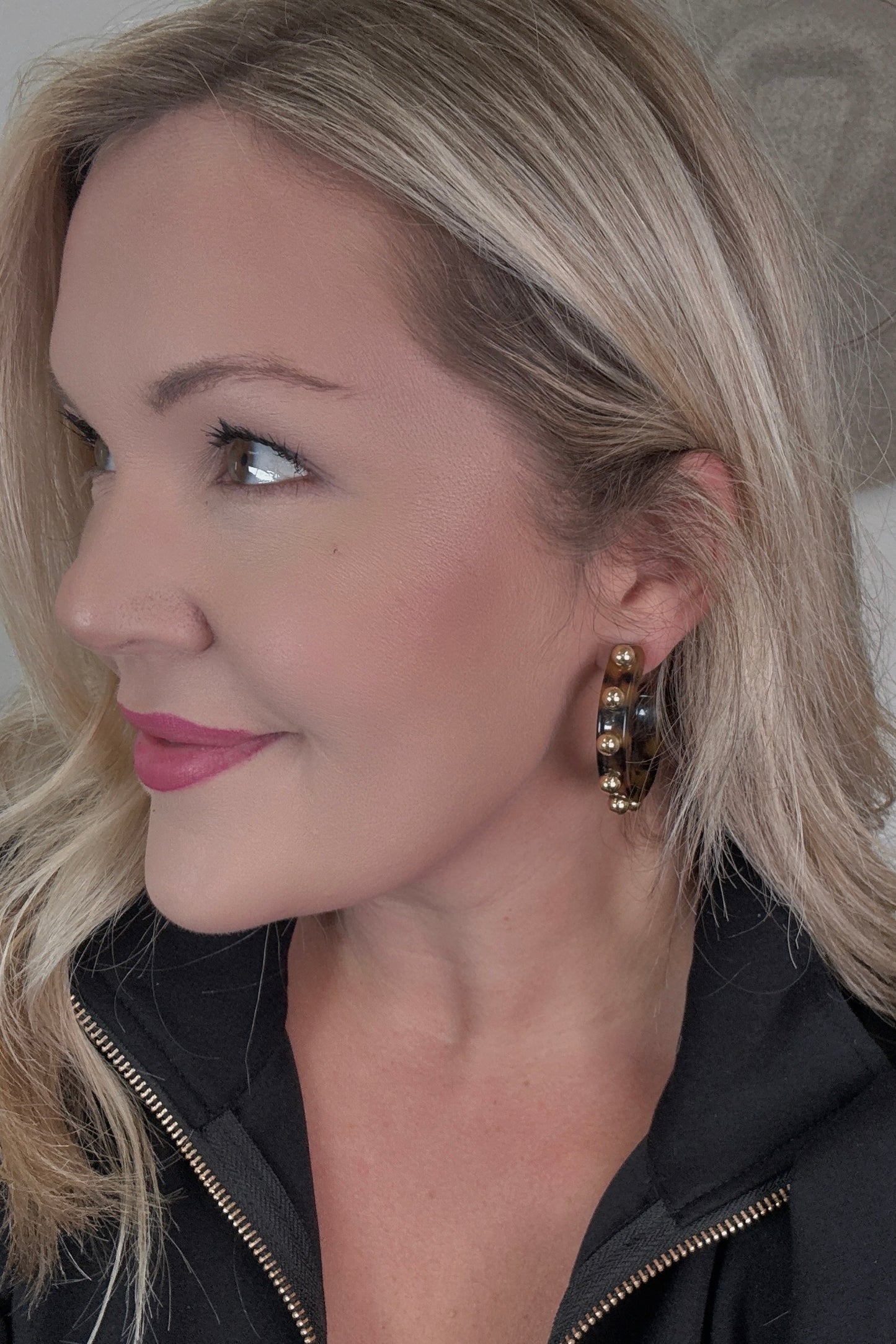 Uptown Energy Studded Tortoise Resin Hoop Earrings