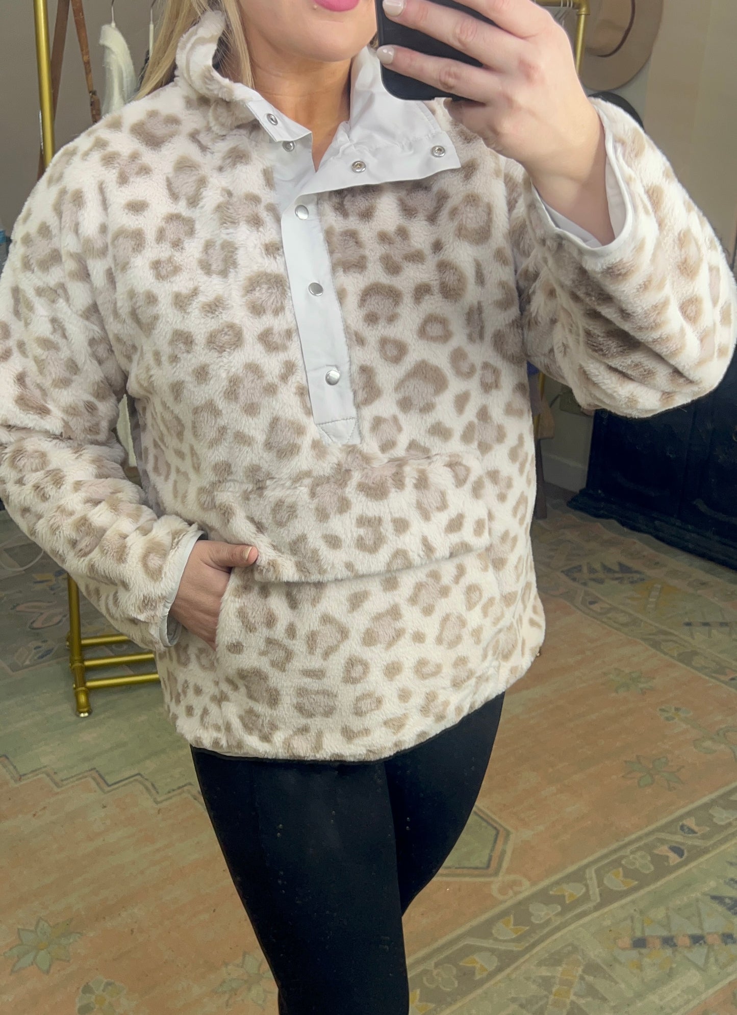 Leopard Print Snap Neck Pullover
