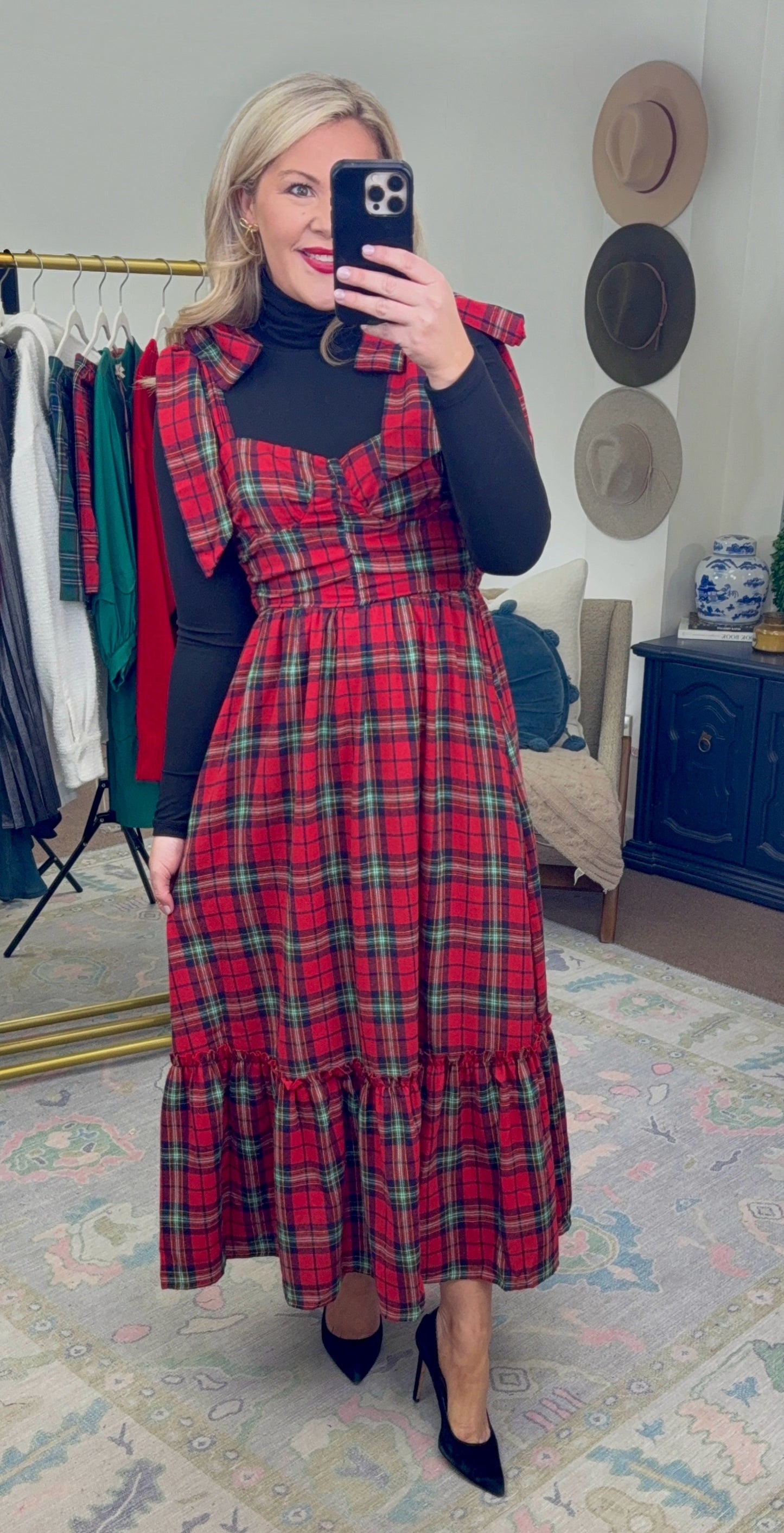 Bows & Mistletoes Tartan Tie Midi Dress