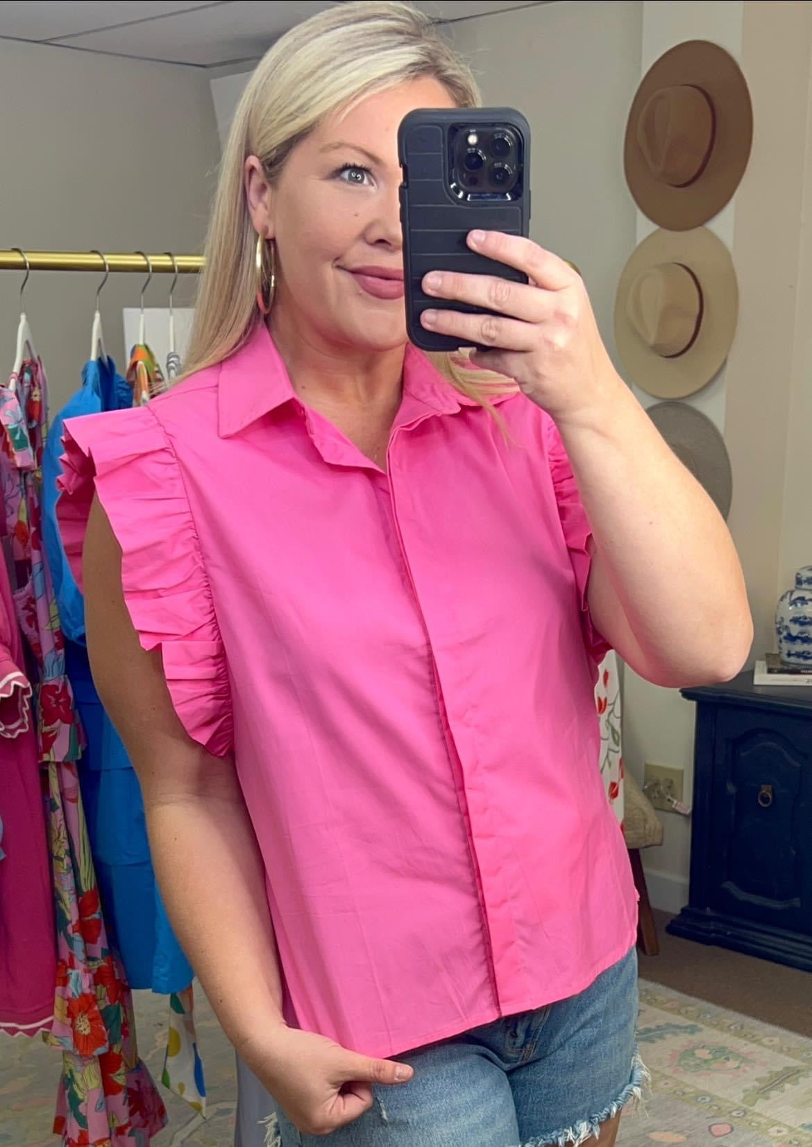 Yours Truly Pink Poplin Ruffle Blouse