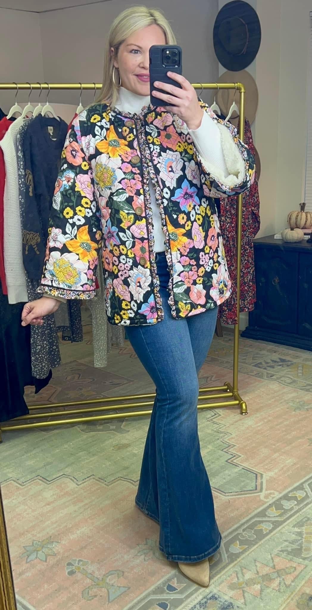 Cozy Blooms Floral Quilted Sherpa Jacket