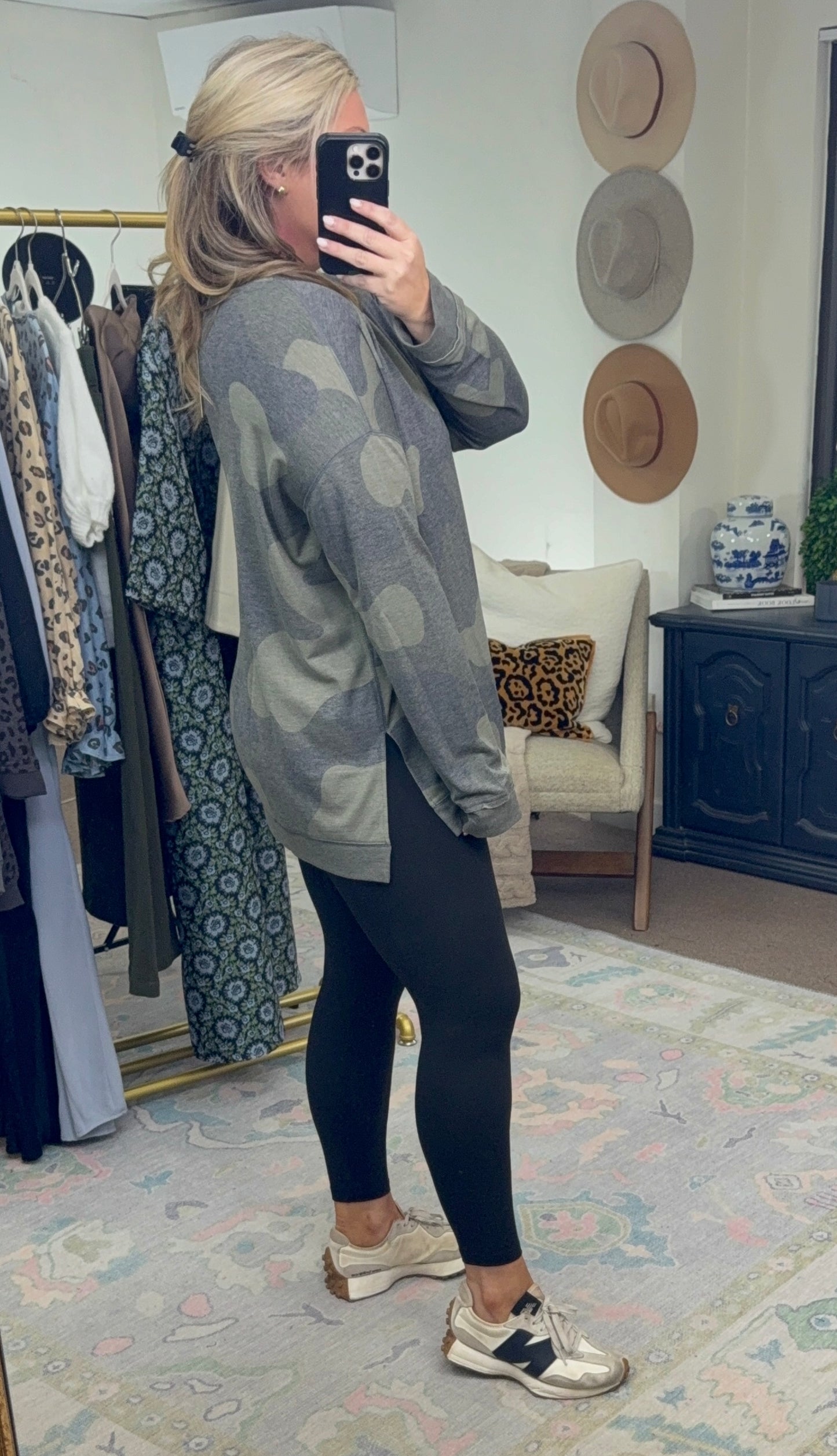 Fanning Split Side Pullover Top in Green Camo