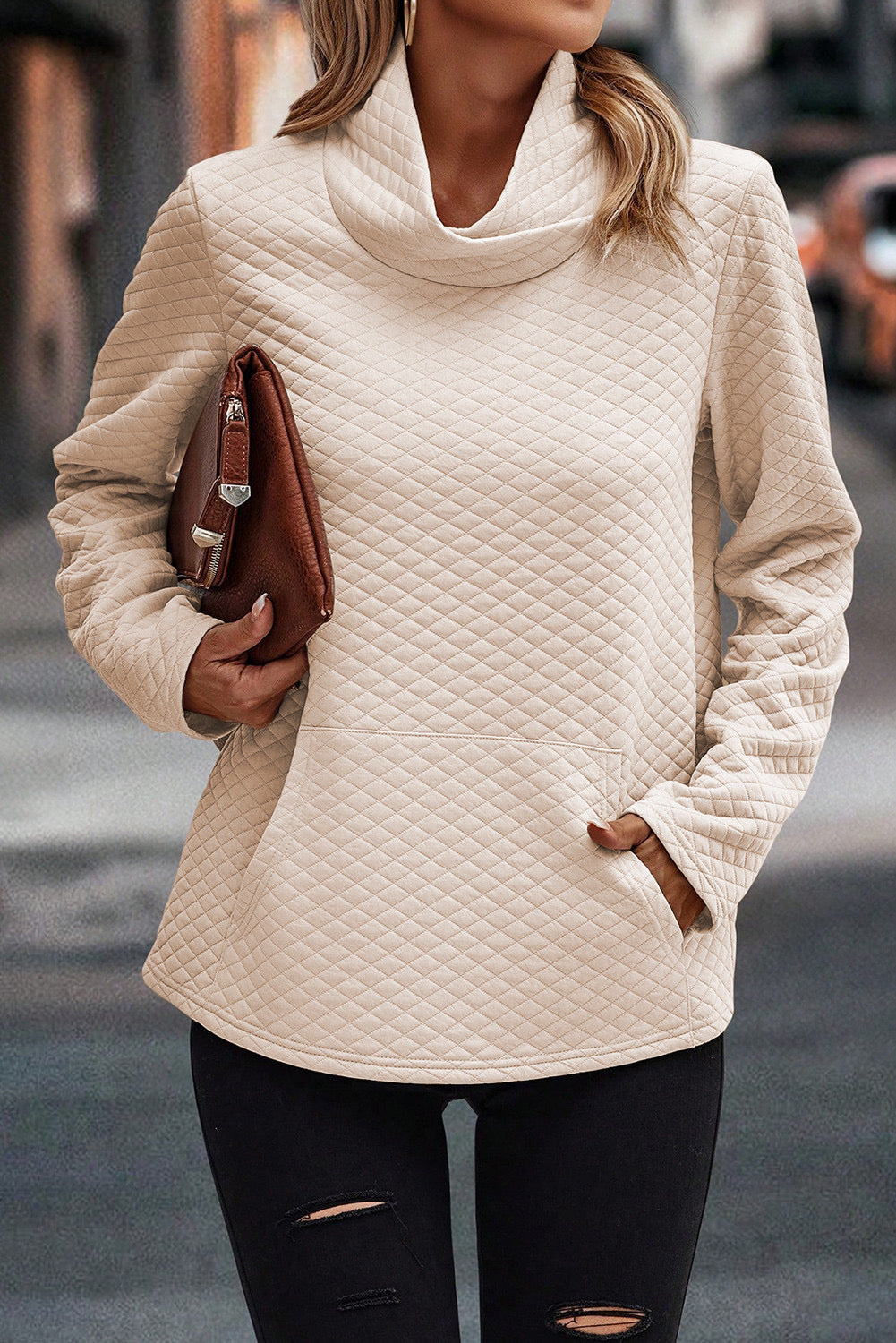 Quilted Funnel Neck Pullover Top