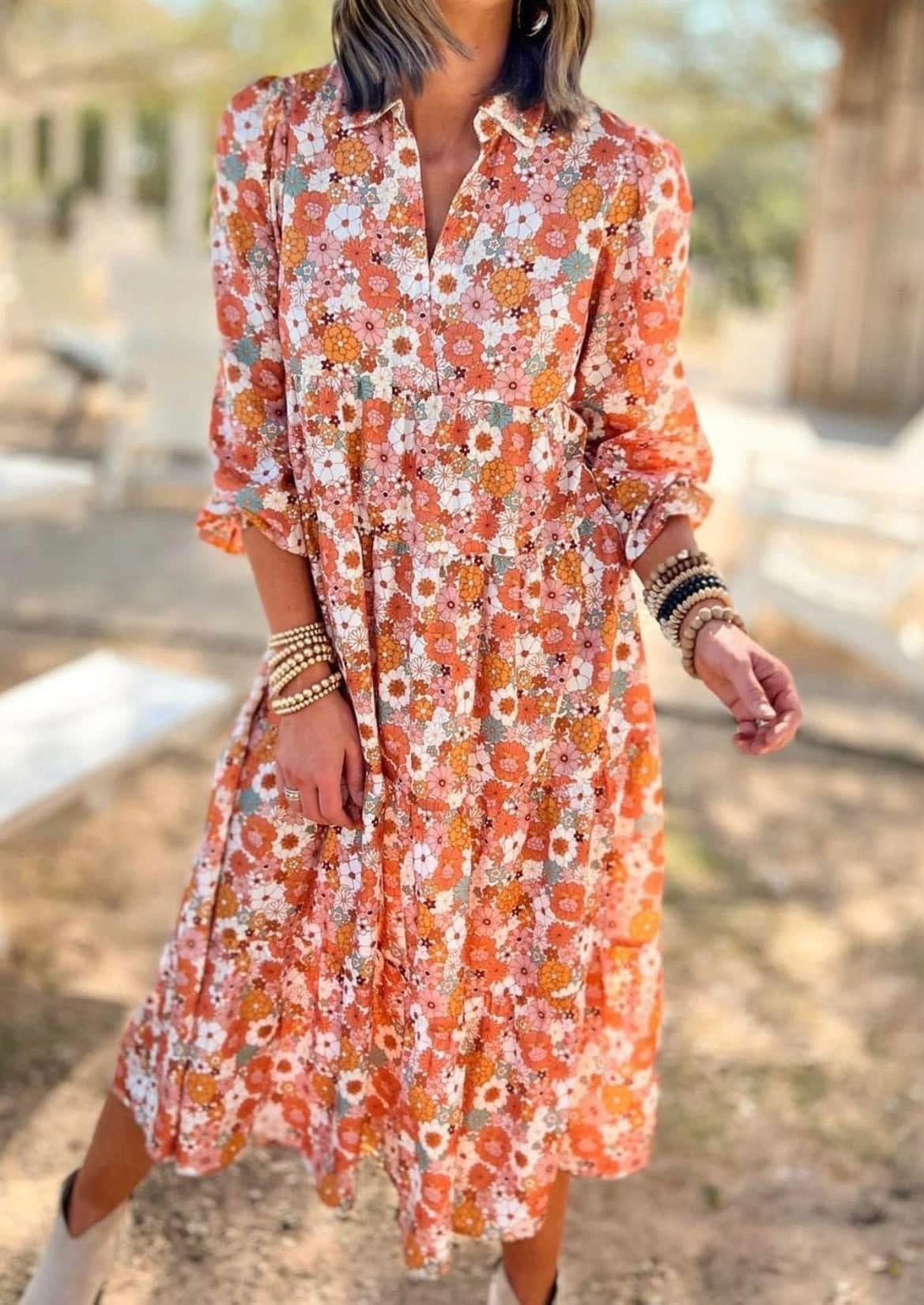 Retro Floral Print Midi Dress